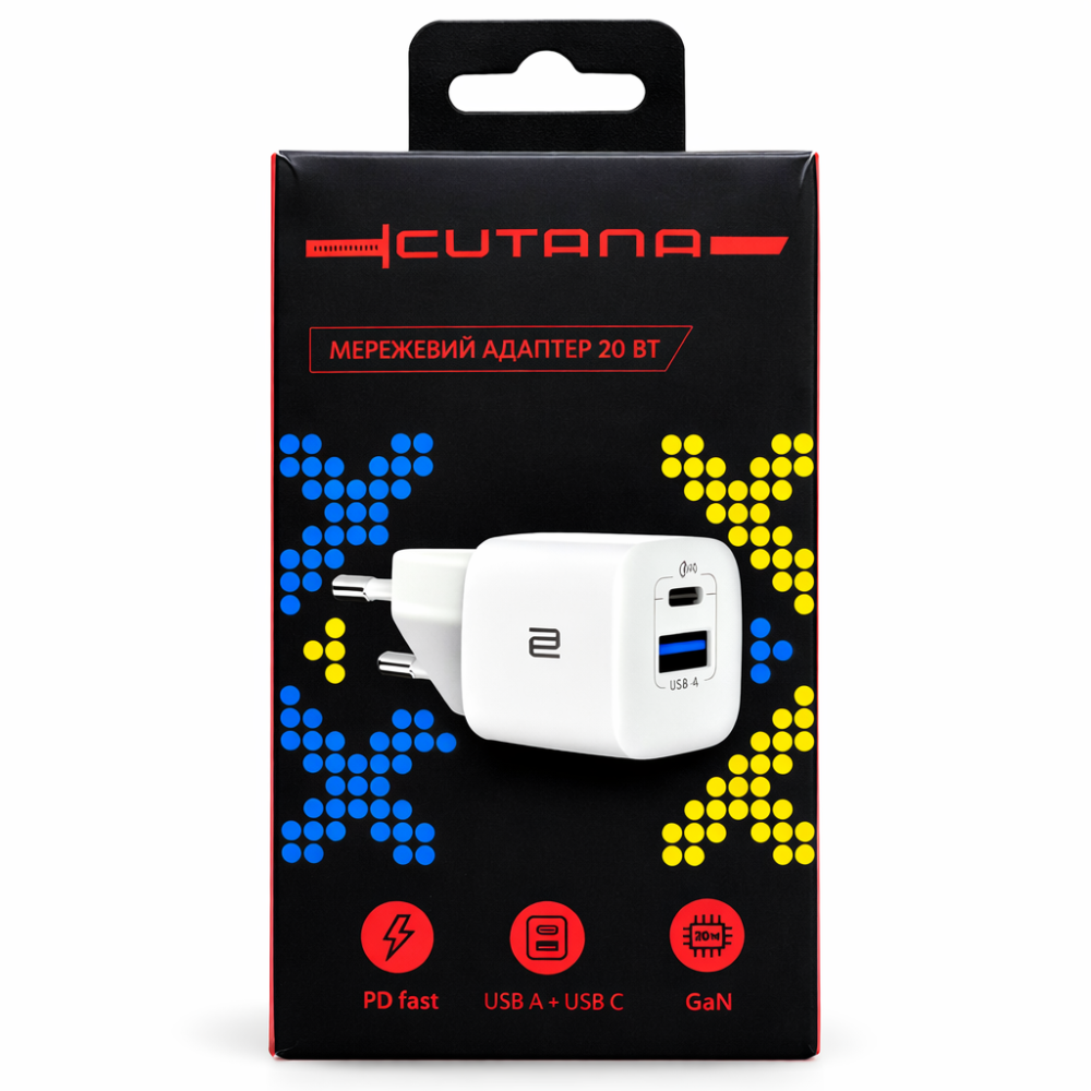 Мережевий адаптер  Сutana 20w GaN  з  виходами USB та Type-C